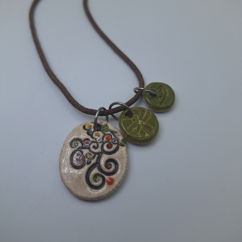 Cheryl Stevens Studio Clay Ceramic Pendant Necklace‎ Earthy Tones Kiln Fired